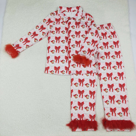 GLP2715 Christmas Santa Bows Red Feather Buttons Adult Women Pajamas Set