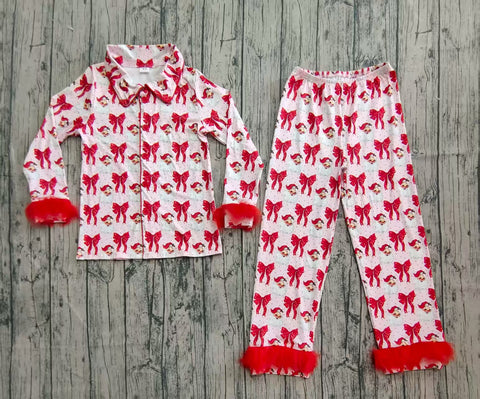 Preorder Samples GLP2715 Christmas Santa Bows Red Feather Buttons Adult Women Pajamas Set