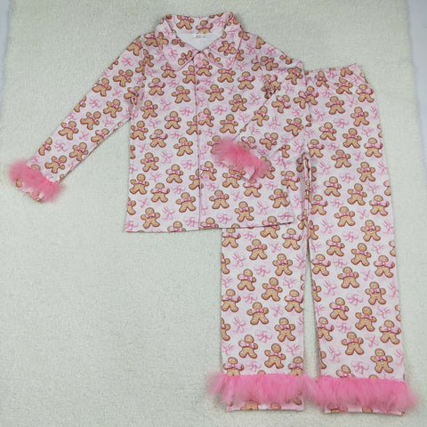 GLP2716 Christmas Gingerbread Pink Feather Buttons Adult Women Pajamas Set