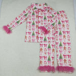 GLP2717 Christmas Gingerbread Bows Pink Feather Buttons Adult Women Pajamas Set