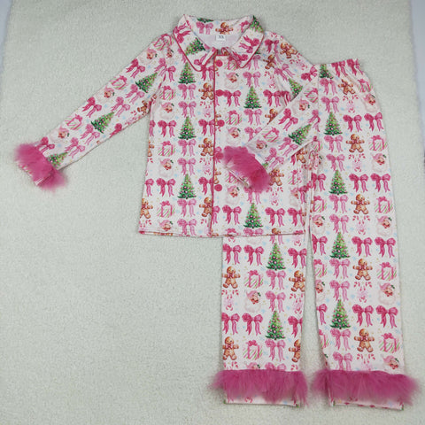 GLP2717 Christmas Gingerbread Bows Pink Feather Buttons Adult Women Pajamas Set