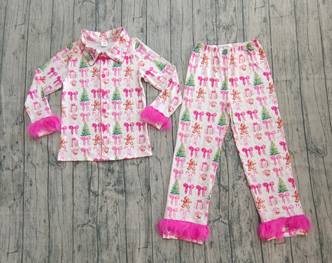 Preorder Samples GLP2717 Christmas Gingerbread Bows Pink Feather Buttons Adult Women Pajamas Set