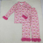 GLP2718 Christmas Santa Trees Pink Feather Buttons Adult Women Pajamas Set