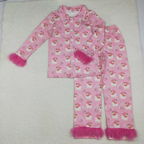 GLP2718 Christmas Santa Trees Pink Feather Buttons Adult Women Pajamas Set