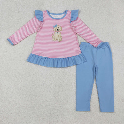 GLP2725 Embroidery Dog Pink Stripe Girls Set