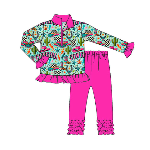 Preorder 09.25 GLP2744 Western Cowgirl Cactus Pink Zipper Pullover Girls Set