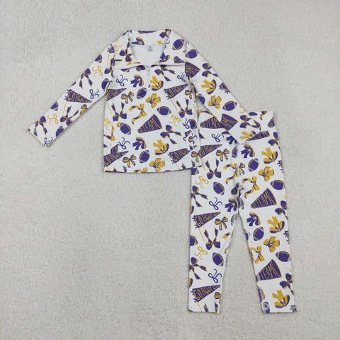 GLP2762 Go Team Go Fight Win Football Bows Purple Yoga Girls Set