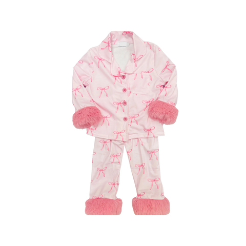 Preorder MOQ 5 Pcs GLP2764  baby girls bow pink furry long sleeves pajamas