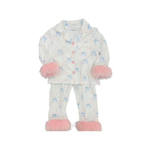 Preorder MOQ 5 Pcs GLP2765  baby girls blue bow pink furry long sleeves pajamas