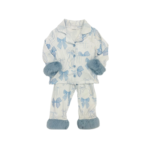 Preorder MOQ 5 Pcs GLP2766  baby girls blue bow furry long sleeves pajamas
