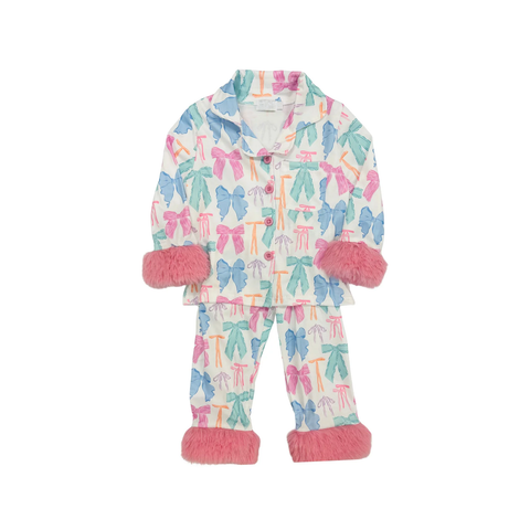 Preorder MOQ 5 Pcs GLP2767  baby girls colorful bow furry long sleeves pajamas