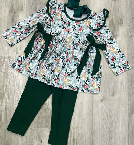 Preorder MOQ 5 Pcs GLP2775 baby girls flower green bow long sleeves outfits