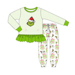 Preorder MOQ 5 Pcs GLP2779 baby girls Christmas cartoon green long sleeves outfits
