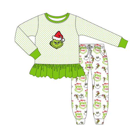 Preorder MOQ 5 Pcs GLP2779 baby girls Christmas cartoon green long sleeves outfits