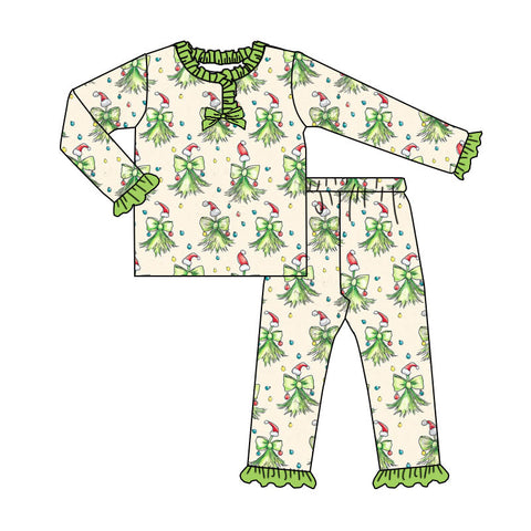 Preorder MOQ 5 Pcs GLP2783 baby girls Christmas green bow pajamas