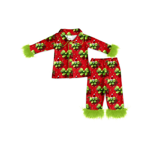 Preorder MOQ 5 Pcs GLP2784 baby girls Christmas red green bow furry pajamas