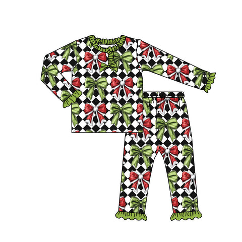Preorder MOQ 5 Pcs GLP2786 baby girls red green bow checkered pajamas