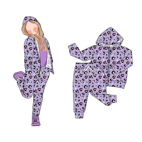 Preorder MOQ 5 Pcs GLP2791 Leopard Purple Hoodie Coat Girls Set