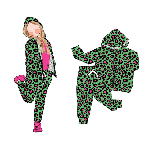Preorder MOQ 5 Pcs GLP2792 Leopard Green Hoodie Coat Girls Set