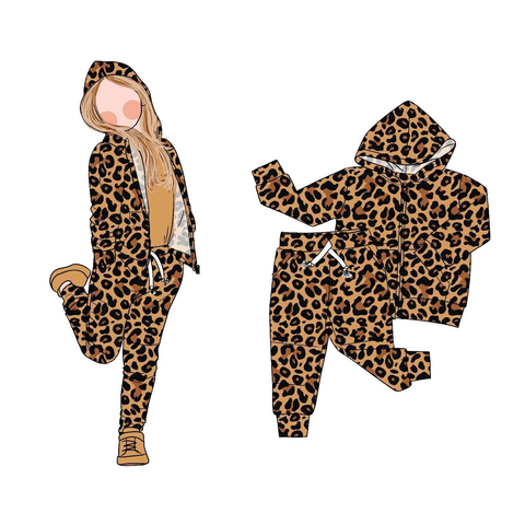Preorder MOQ 5 Pcs GLP2793 Leopard Brown Hoodie Coat Girls Set