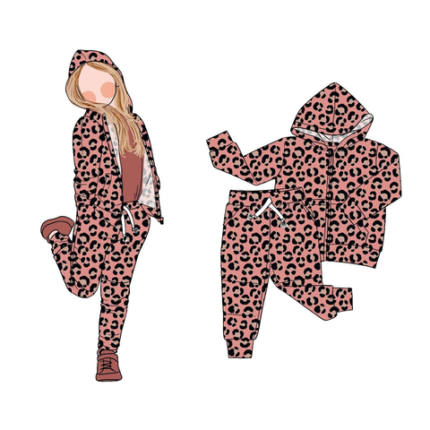 Preorder MOQ 5 Pcs GLP2794 Leopard Hoodie Coat Girls Set