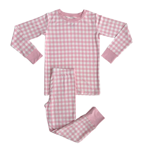 Preorder MOQ 5 Pcs GLP2798 Flower Pink Plaid Girls Pajamas Set