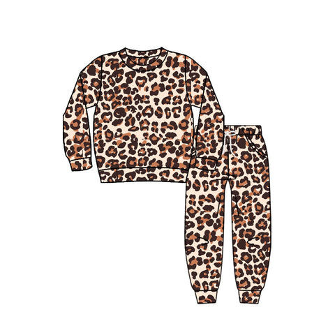 Preorder MOQ 5 Pcs GLP2802 Leopard Brown Girls Pajamas Set