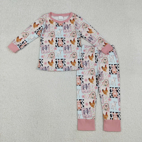 GLP2805 Farm Animals Flower Pink Girls Pajamas Set
