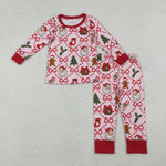 GLP2807 Christmas Santa Trees Red Girls Pajamas Set (12-18M to 7-8T)