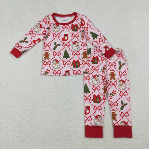 GLP2807 Christmas Santa Trees Red Girls Pajamas Set (12-18M to 7-8T)