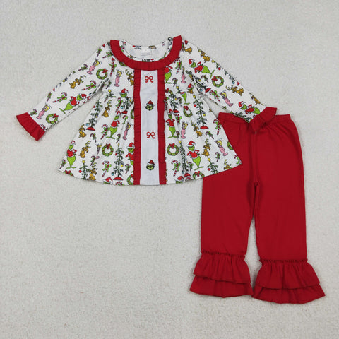 GLP2812 Embroidery Christmas Cartoon Green Girls Set