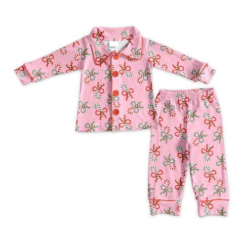 Preorder 09.24 GLP2813 Christmas Bows Candy Canes Pink Buttons Girls Pajamas Set
