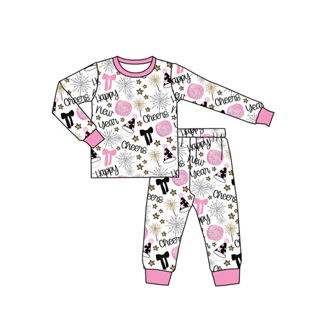 Preorder 09.24 GLP2818 Happy New Year Cheers Bows Girls Pajamas Set