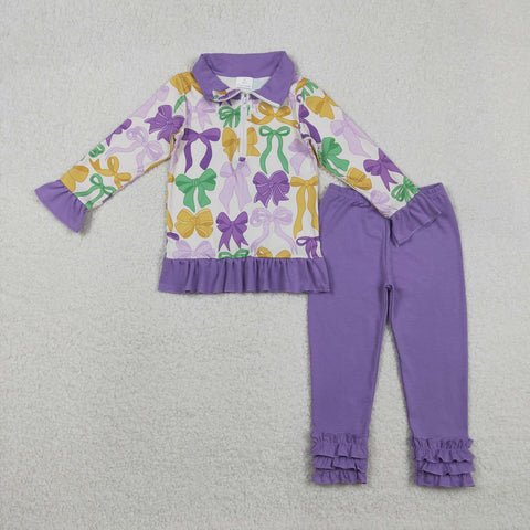 GLP2823 Mardi Gras Bows Purple Pullover Girls Set