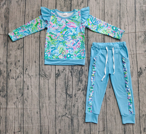 Preorder Samples GLP2832 Boutique Flower Ruffles Blue Girls Set