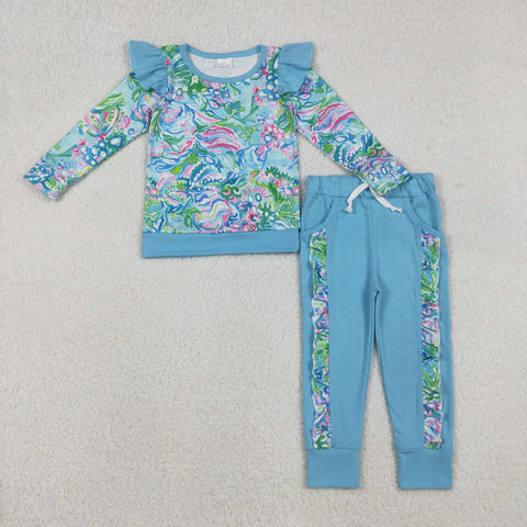GLP2832 Boutique Flower Ruffles Blue Girls Set