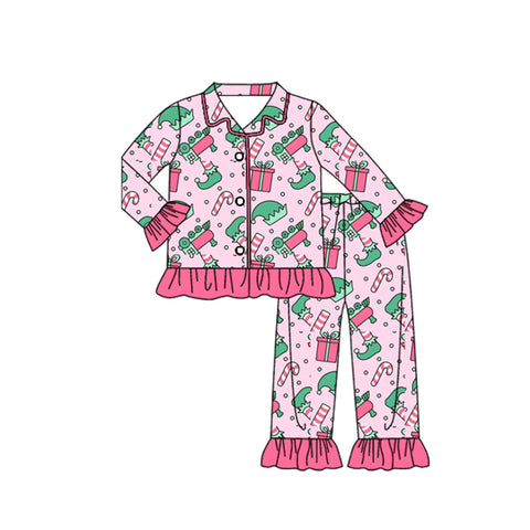 Preorder 10.01 MOQ 5 pcs GLP2844 Christmas Gift Buttons Girls Pajamas Set