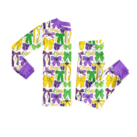 Preorder 10.01 MOQ 5 pcs GLP2857 Mardi Gras Bows Girls Pajamas Set