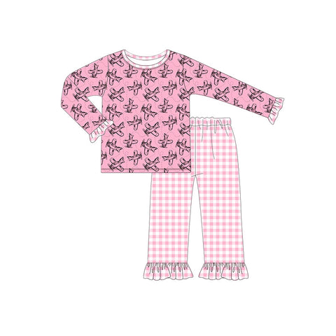 Preorder 10.01 MOQ 5 pcs GLP2858 Fighter Plaid Green Girls Pajamas Set