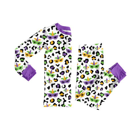 Preorder 10.01 MOQ 5 pcs GLP2870 Mardi Gras Leopard Mask Girls Pajamas Set
