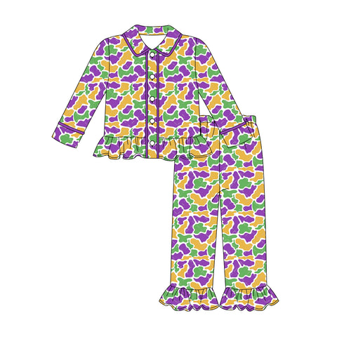 Preorder 10.01 MOQ 5 pcs GLP2871 Mardi Gras Camo Buttons Girls Pajamas Set