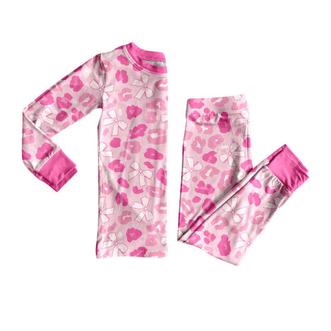 Preorder 10.06 MOQ 5 pcs GLP2882 Leopard Bows Pink Girls Pajamas Set