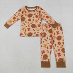 GLP2883 Thanksgiving Turkey Pumpkin Bows Girls Pajamas Set (12-18M to 7-8T)