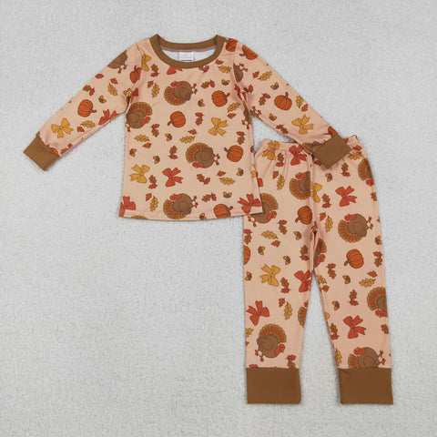 GLP2883 Thanksgiving Turkey Pumpkin Bows Girls Pajamas Set (12-18M to 7-8T)