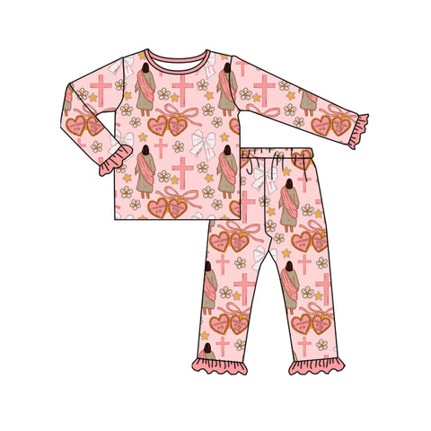 Preorder 10.09 MOQ 5 pcs GLP2889 Jesus Love Flower Pink Girls Pajamas Set
