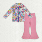 GLP2893 Flower Pink Coat Yoga Girls Flared Set