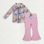 GLP2894 Flower Pink Coat Yoga Girls Flared Set