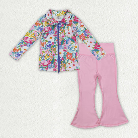 GLP2894 Flower Pink Coat Yoga Girls Flared Set