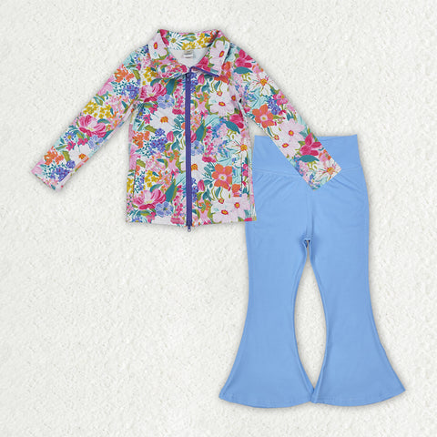 GLP2895 Flower Blue Coat Yoga Girls Flared Set