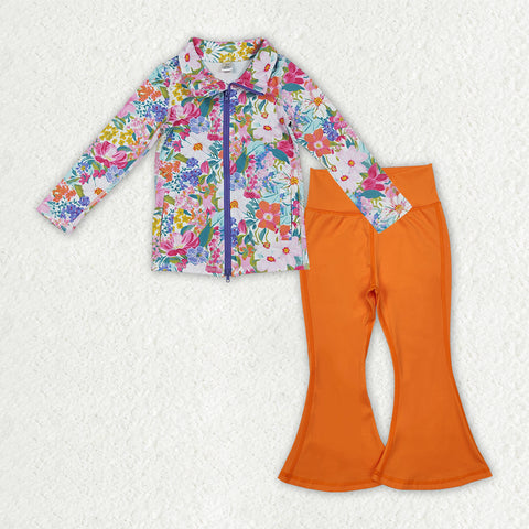 GLP2896 Flower Orange Coat Yoga Girls Flared Set